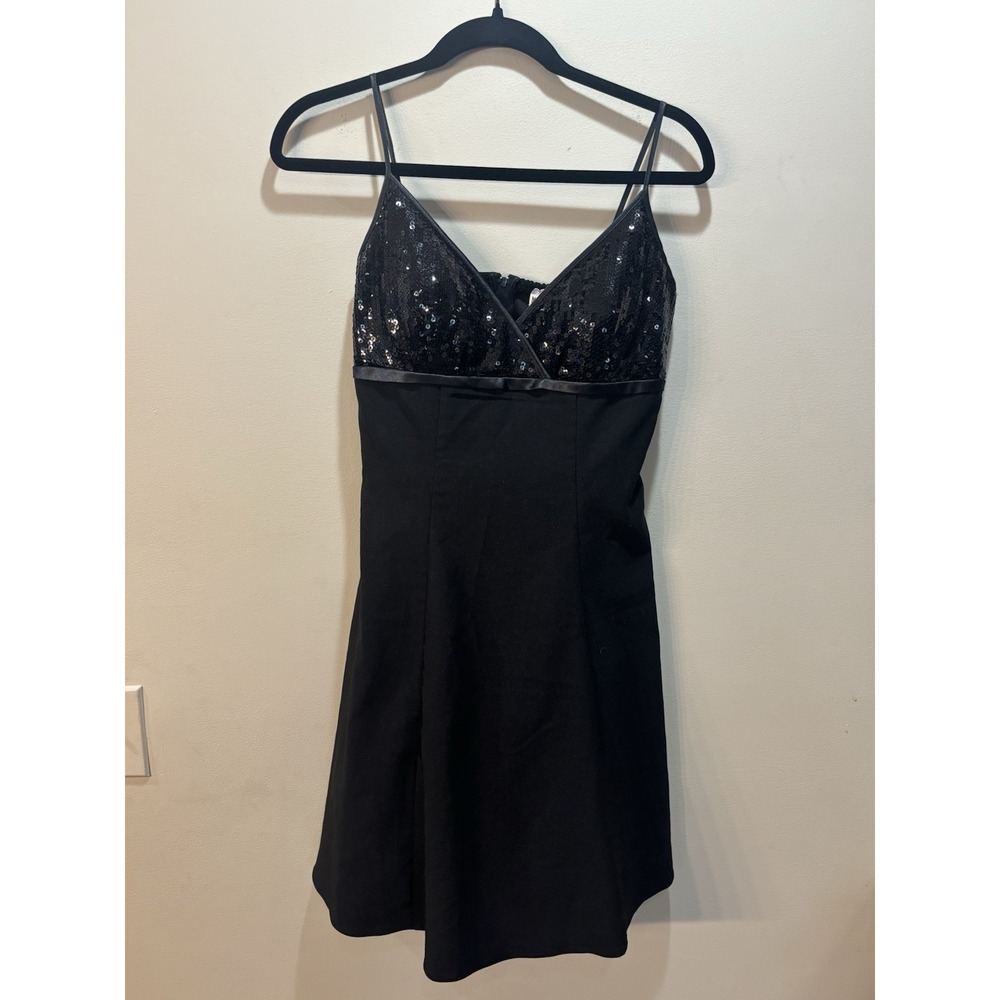 Y2K Masquerade Black Sequin Party Dress Mini Fit & Flare Spaghetti Strap Size M